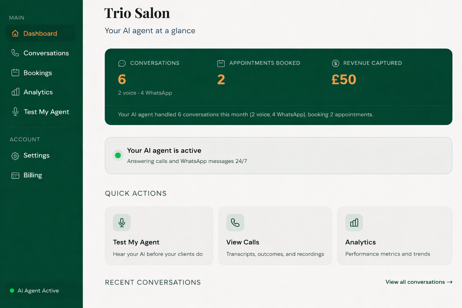 Biflo dashboard showing conversations handled, appointments booked, and revenue captured